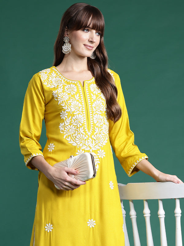 Indo Era Yellow Embroidered Straight Kurta - Distacart