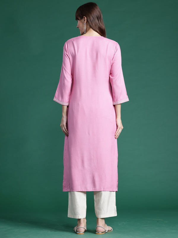 Indo Era Pink Embroidered Straight Kurta - Distacart