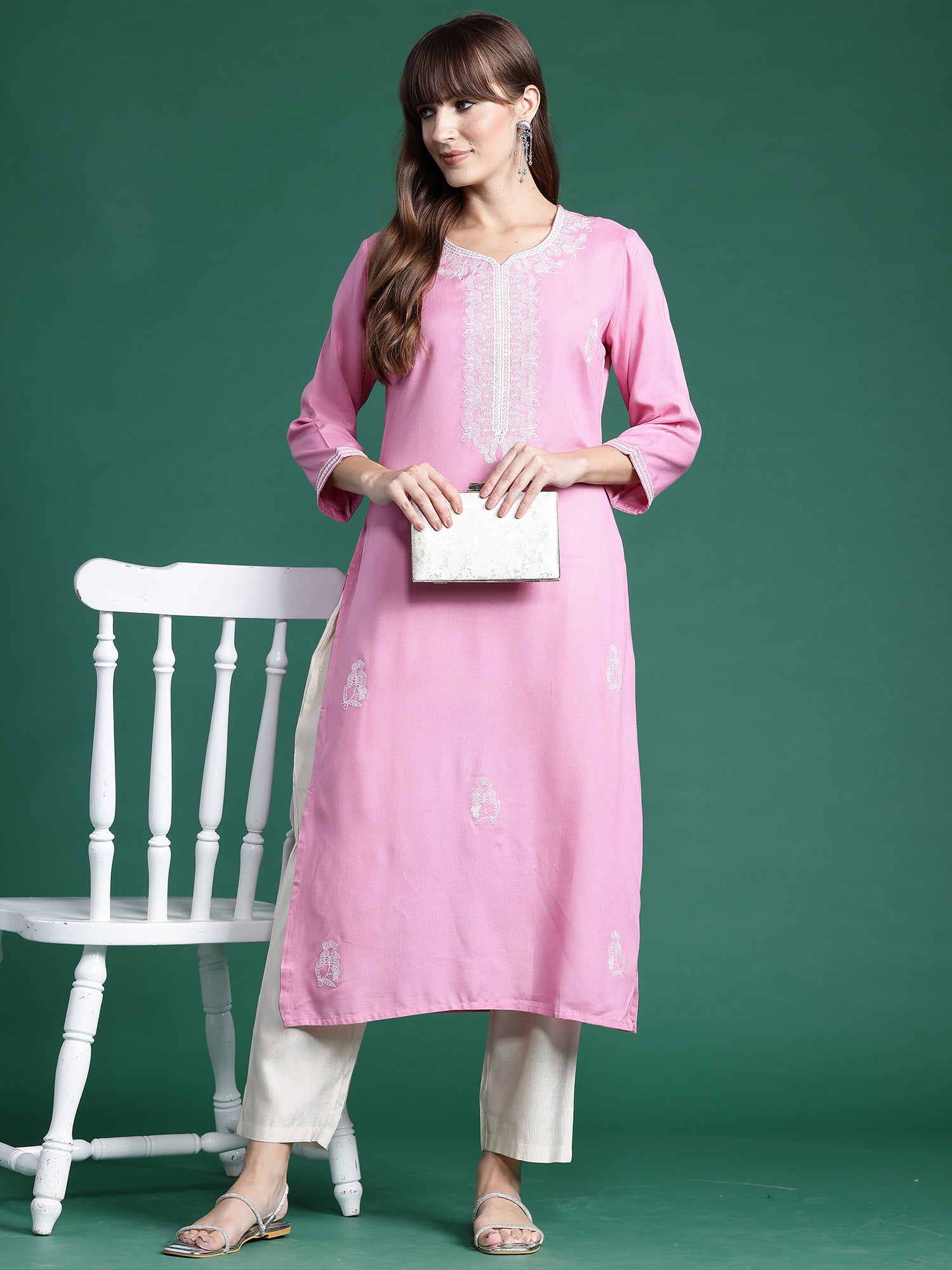 Indo Era Pink Embroidered Straight Kurta - Distacart