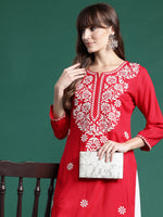 Thumbnail for Indo Era Red Embroidered Straight Kurta - Distacart
