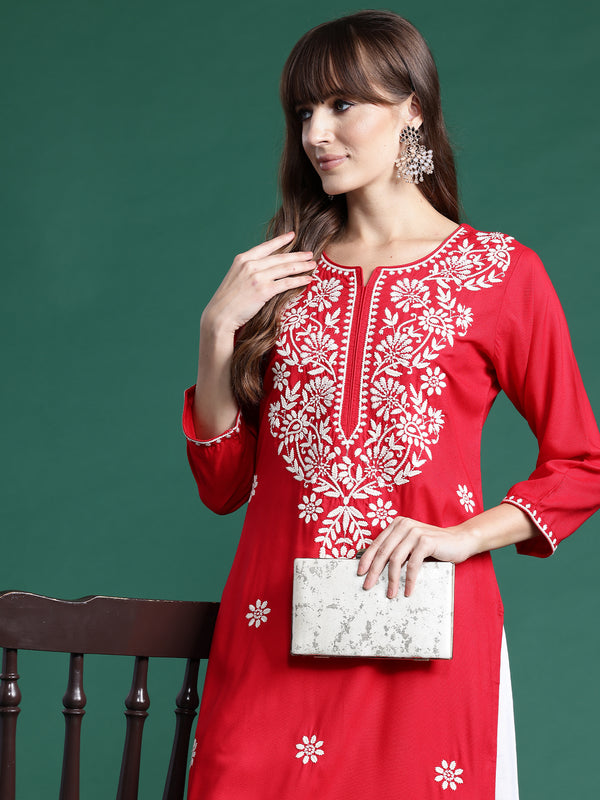 Indo Era Red Embroidered Straight Kurta - Distacart