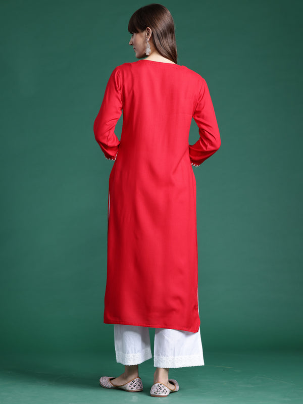 Indo Era Red Embroidered Straight Kurta - Distacart