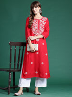 Thumbnail for Indo Era Red Embroidered Straight Kurta - Distacart