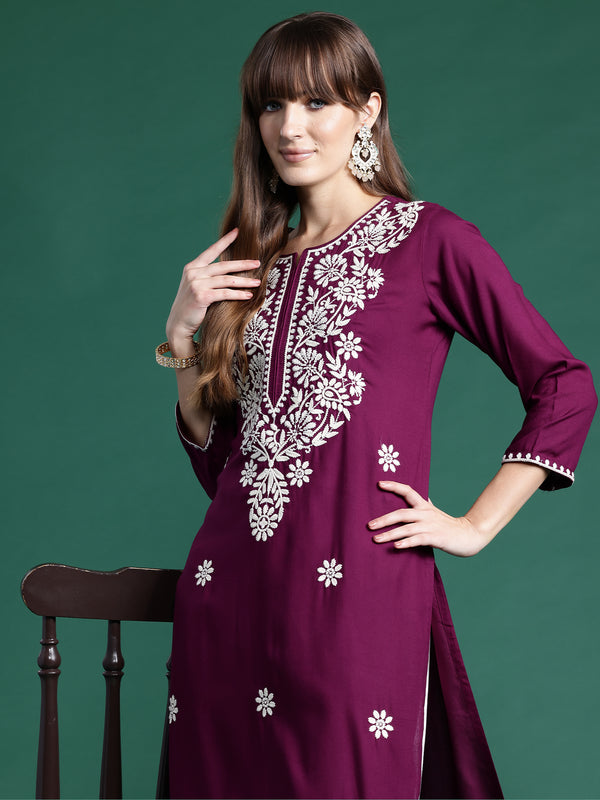 Indo Era Burgundy Embroidered Straight Kurta - Distacart