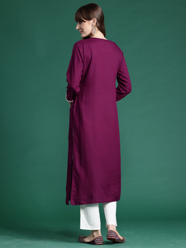 Indo Era Burgundy Embroidered Straight Kurta - Distacart