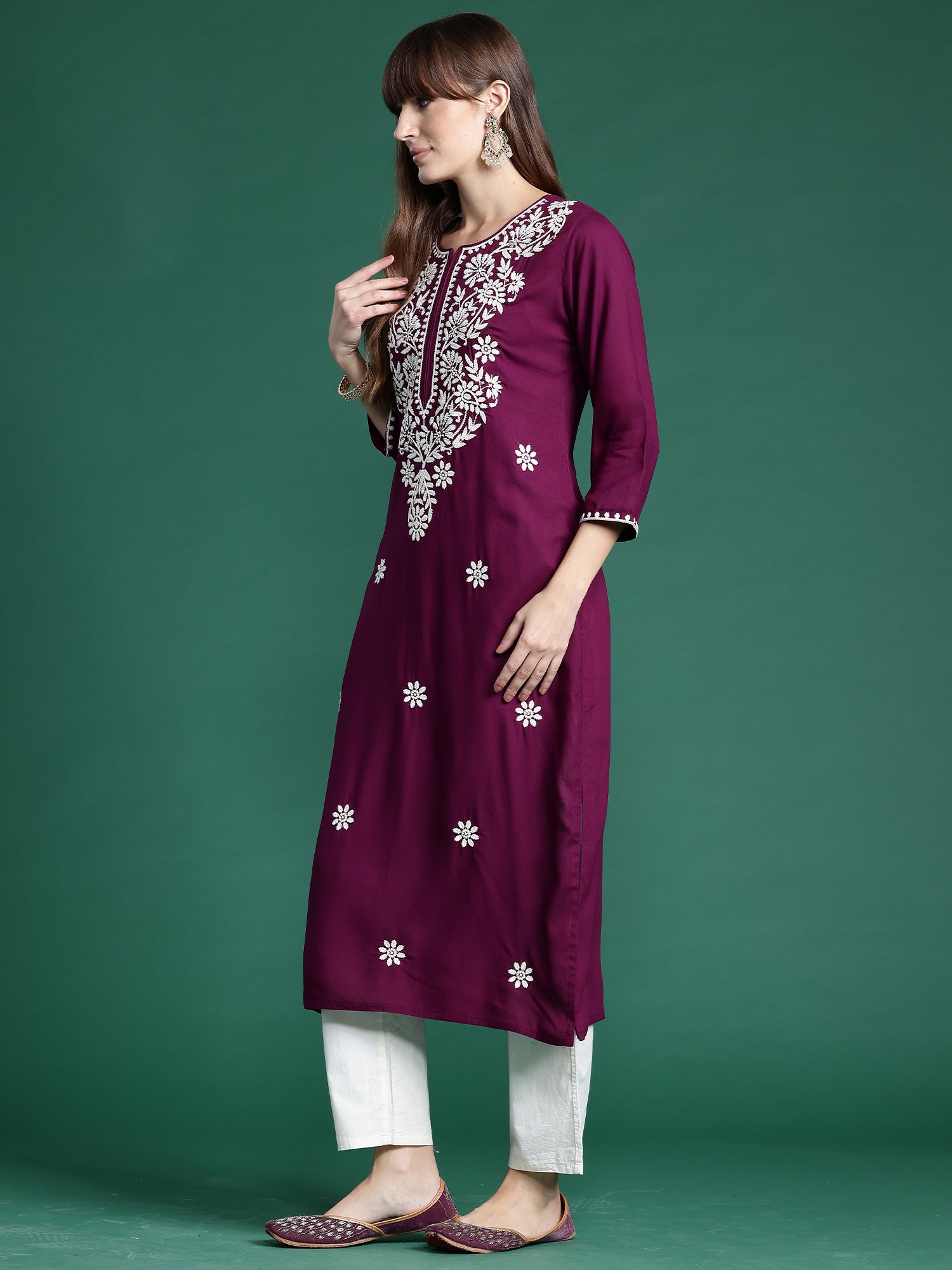 Indo Era Burgundy Embroidered Straight Kurta - Distacart