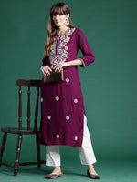 Thumbnail for Indo Era Burgundy Embroidered Straight Kurta - Distacart