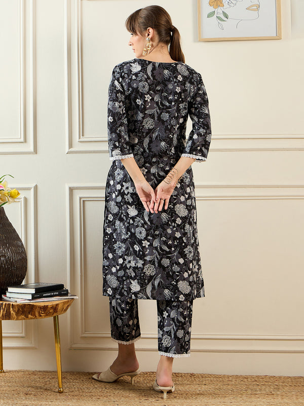 Indo Era Black Printed Straight Kurta Trousers set - Distacart