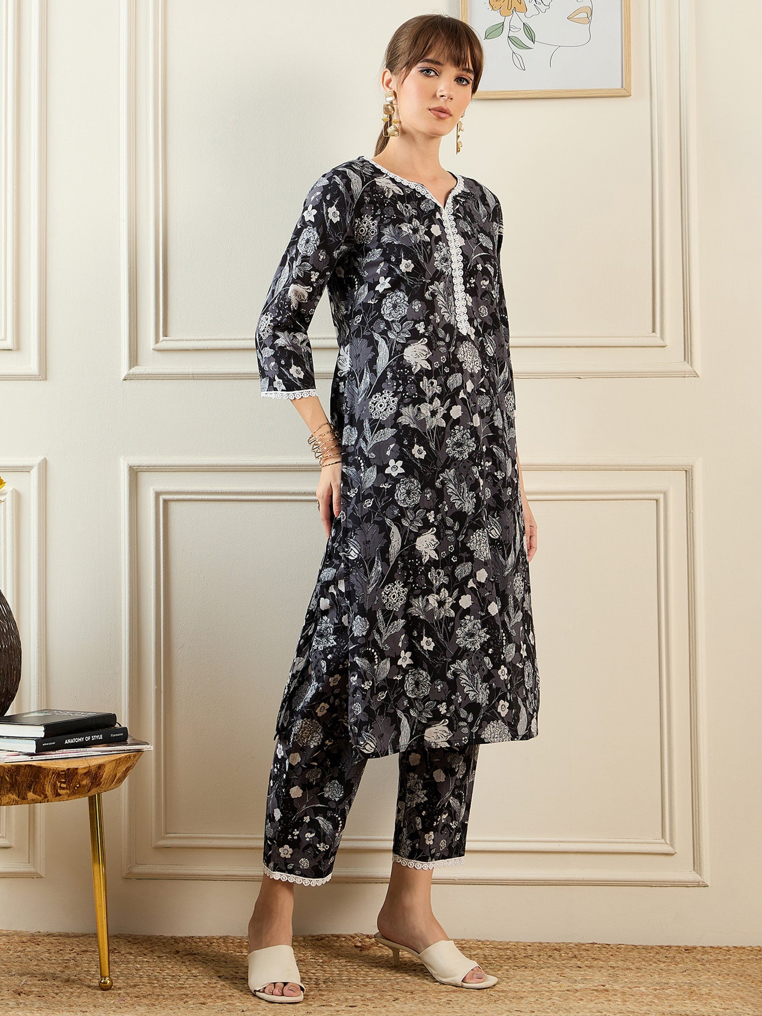 Indo Era Black Printed Straight Kurta Trousers set - Distacart