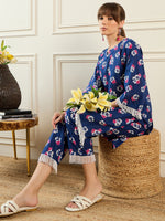 Thumbnail for Indo Era Blue Printed Straight Kurta Trousers set - Distacart