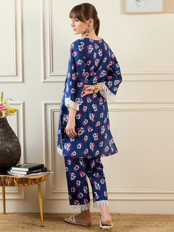 Indo Era Blue Printed Straight Kurta Trousers set - Distacart