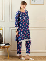 Thumbnail for Indo Era Blue Printed Straight Kurta Trousers set - Distacart