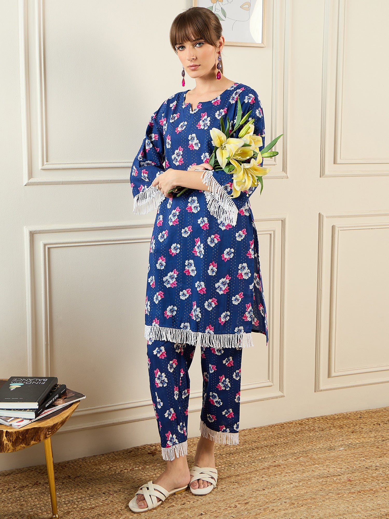 Indo Era Blue Printed Straight Kurta Trousers set - Distacart