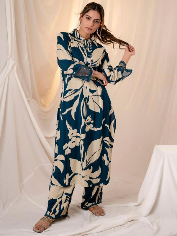 Indo Era Teal Printed Straight Kurta Trousers set - Distacart