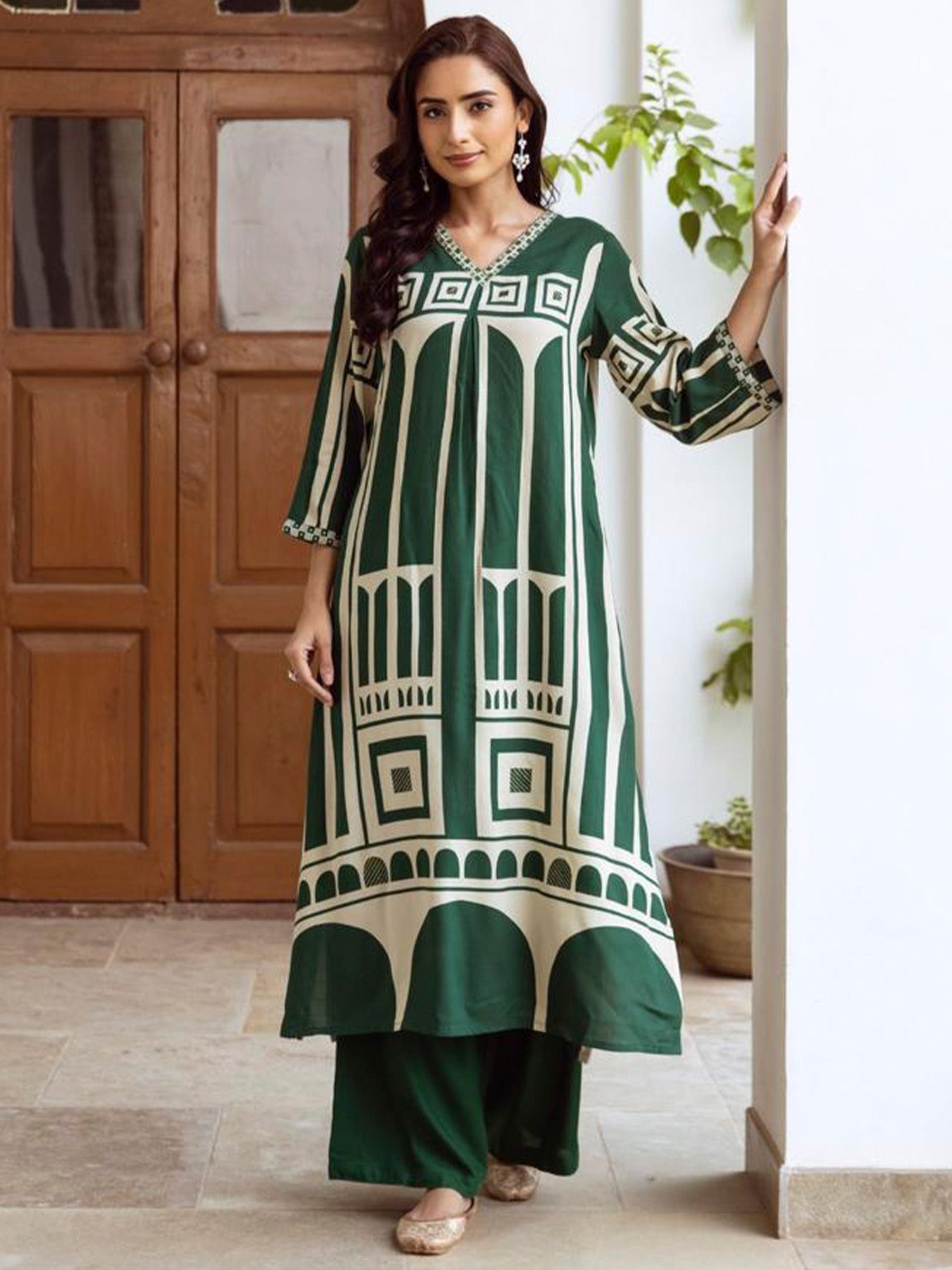 Indo Era Green Printed A-Line Kurta Palazzos Set - Distacart