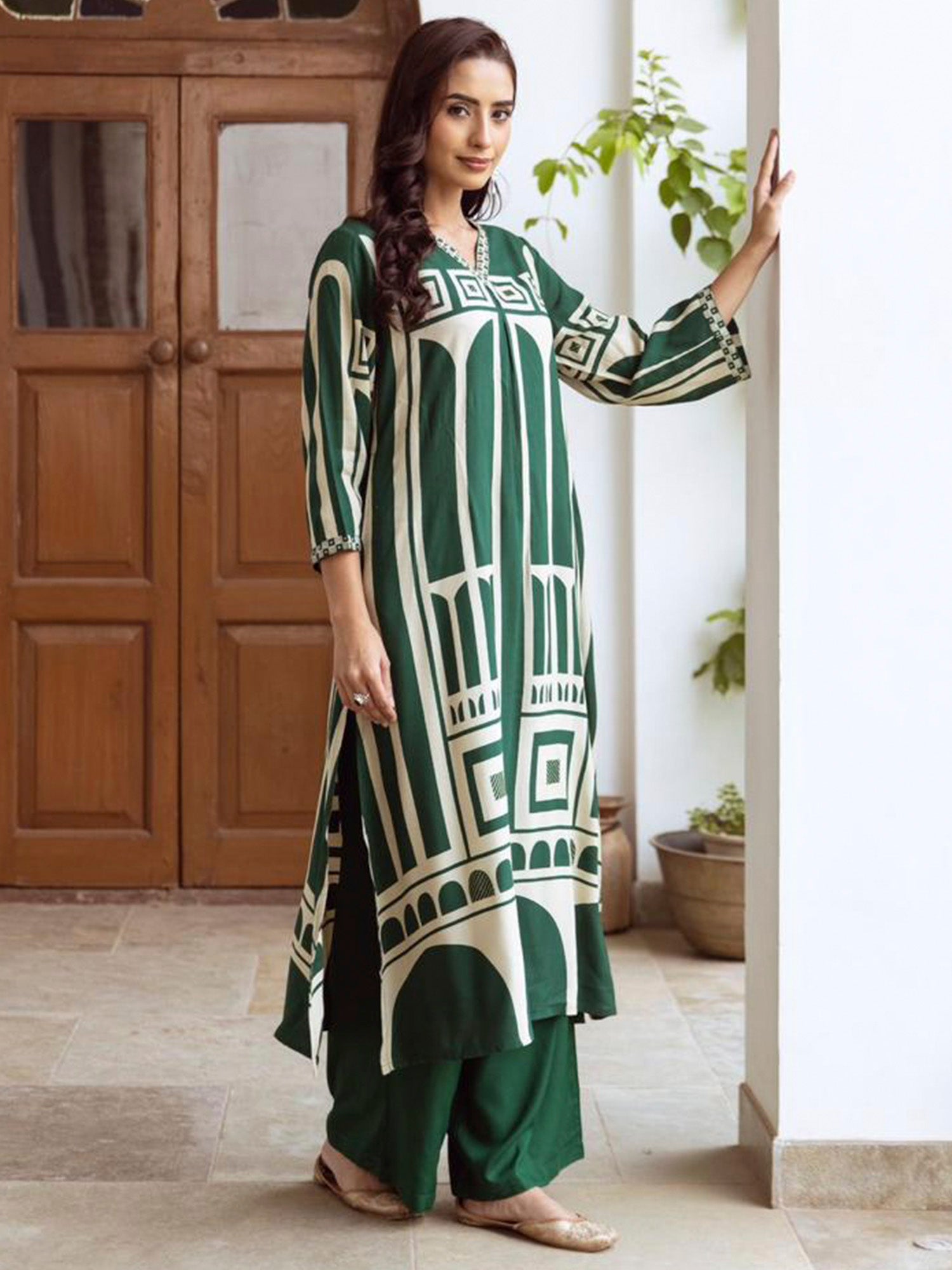 Indo Era Green Printed A-Line Kurta Palazzos Set - Distacart