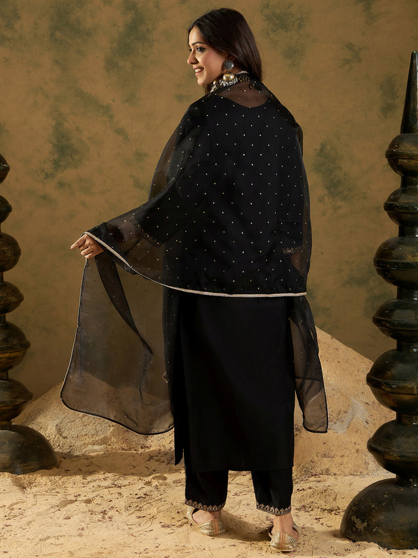 Indo Era Black Embroidered Straight Kurta Trousers With Dupatta Set - Distacart