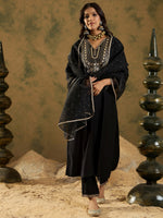 Thumbnail for Indo Era Black Embroidered Straight Kurta Trousers With Dupatta Set - Distacart