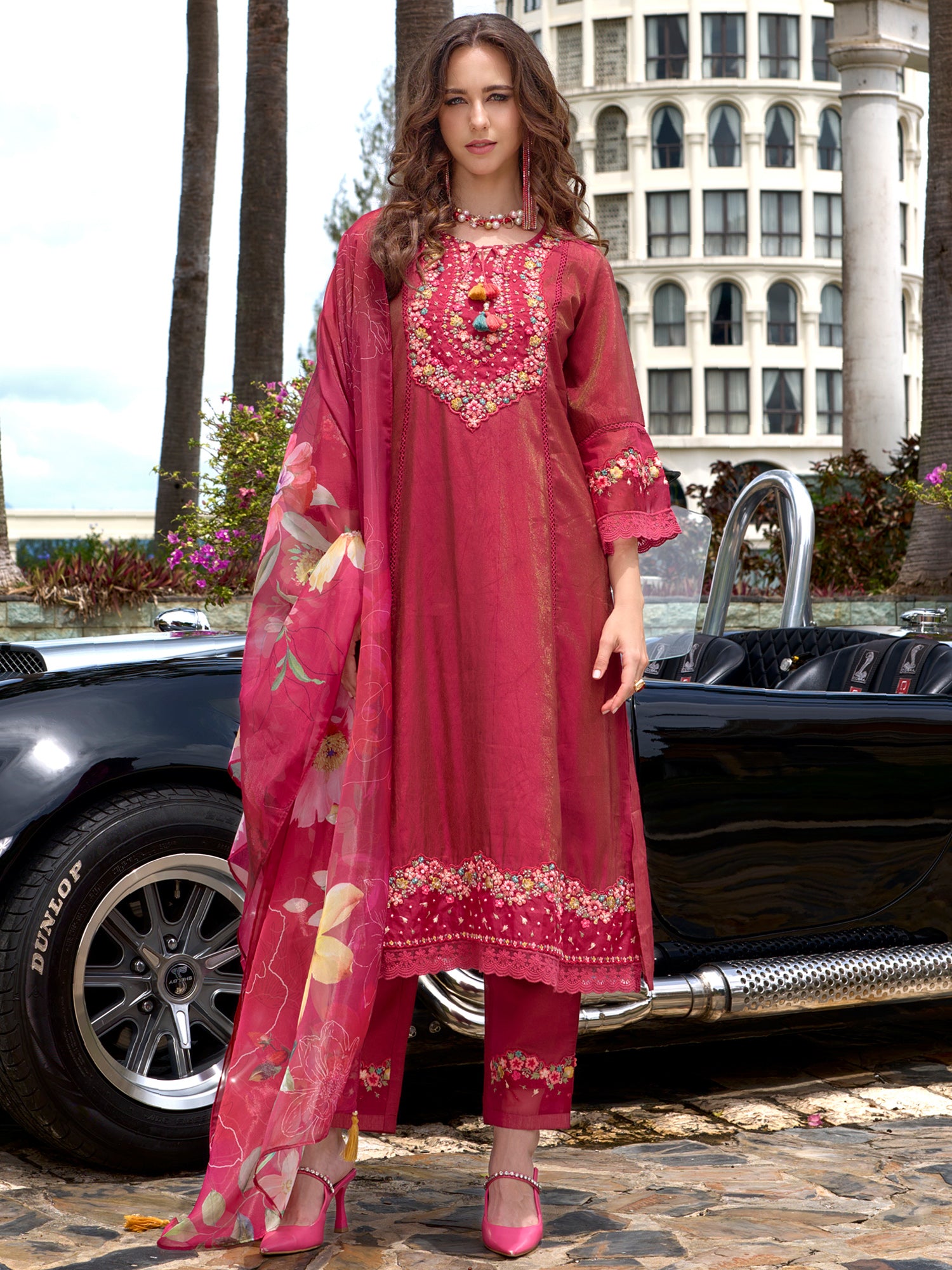 Indo Era Pink Embroidered A-Line Kurta Trousers With Dupatta Set - Distacart