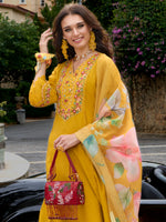 Thumbnail for Indo Era Mustard Embroidered A-Line Kurta Trousers With Dupatta Set - Distacart