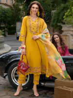 Thumbnail for Indo Era Mustard Embroidered A-Line Kurta Trousers With Dupatta Set - Distacart