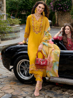 Thumbnail for Indo Era Mustard Embroidered A-Line Kurta Trousers With Dupatta Set - Distacart