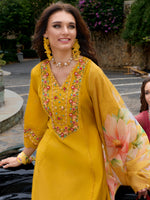 Thumbnail for Indo Era Mustard Embroidered A-Line Kurta Trousers With Dupatta Set - Distacart