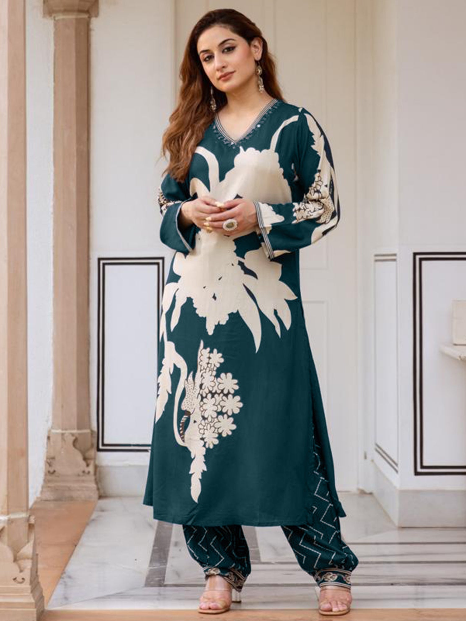 Indo Era Teal Printed A-Line Kurta Salwar set - Distacart
