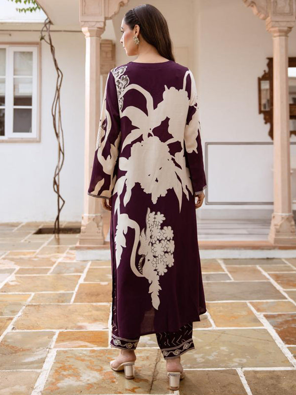 Indo Era Burgundy Printed A-Line Kurta Salwar set - Distacart