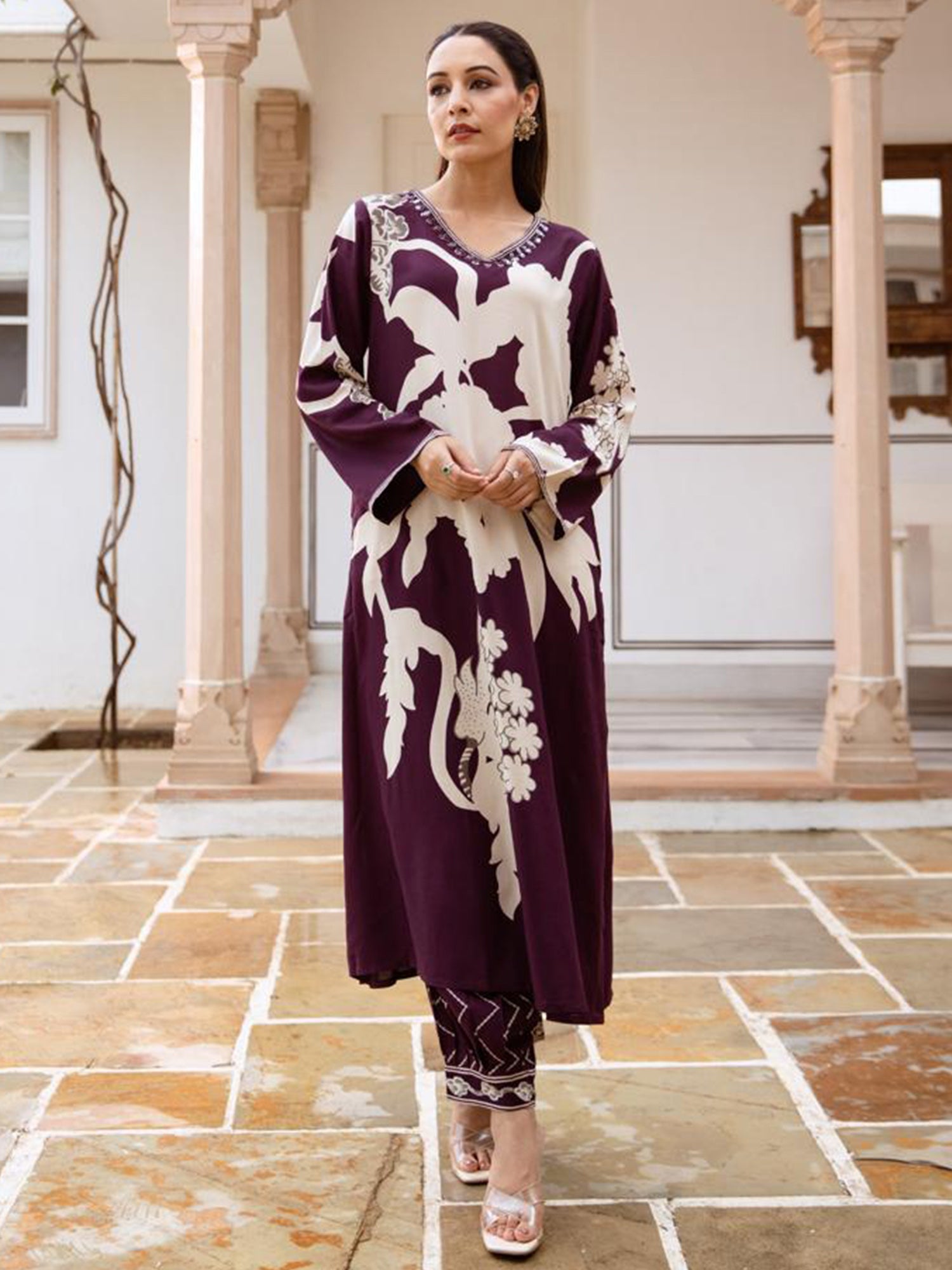 Indo Era Burgundy Printed A-Line Kurta Salwar set - Distacart