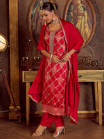 Thumbnail for Indo Era Magenta Embroidered Straight Kurta Trousers With Dupatta set - Distacart