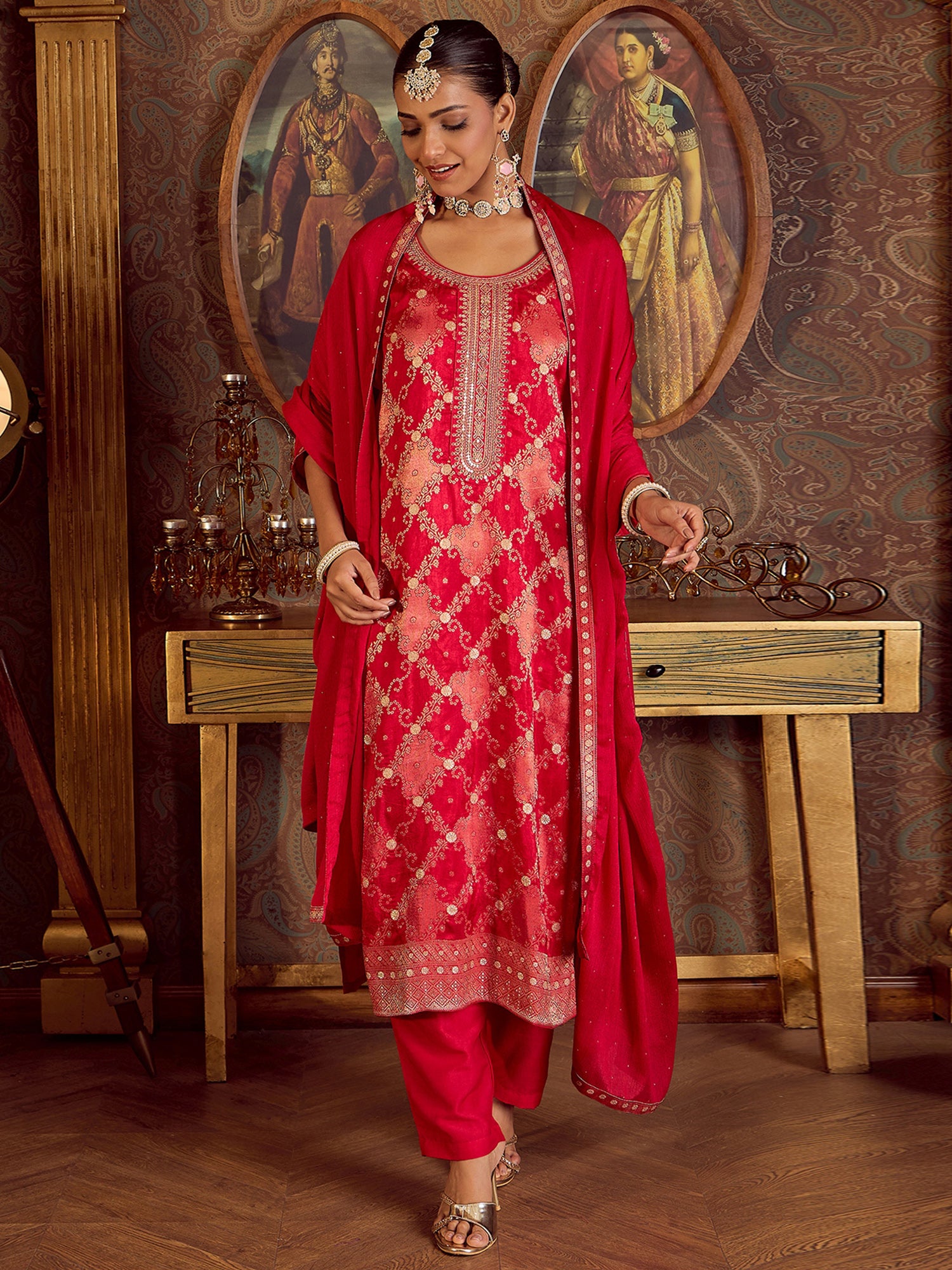 Indo Era Magenta Embroidered Straight Kurta Trousers With Dupatta set - Distacart