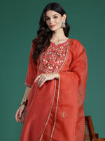 Thumbnail for Indo Era Orange Embroidered Straight Kurta Trousers With Dupatta Set - Distacart