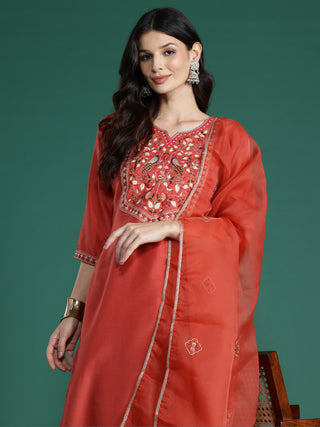 Indo Era Orange Embroidered Straight Kurta Trousers With Dupatta Set - Distacart