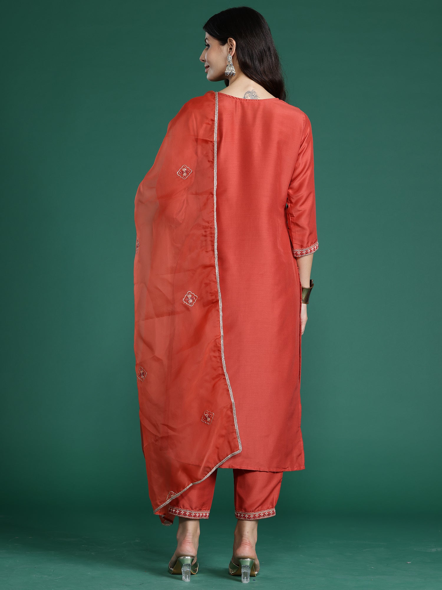 Indo Era Orange Embroidered Straight Kurta Trousers With Dupatta Set - Distacart