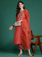 Thumbnail for Indo Era Orange Embroidered Straight Kurta Trousers With Dupatta Set - Distacart