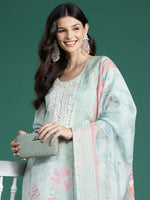 Thumbnail for Indo Era Sea Green Printed Straight Kurta Trousers With Dupatta Set - Distacart