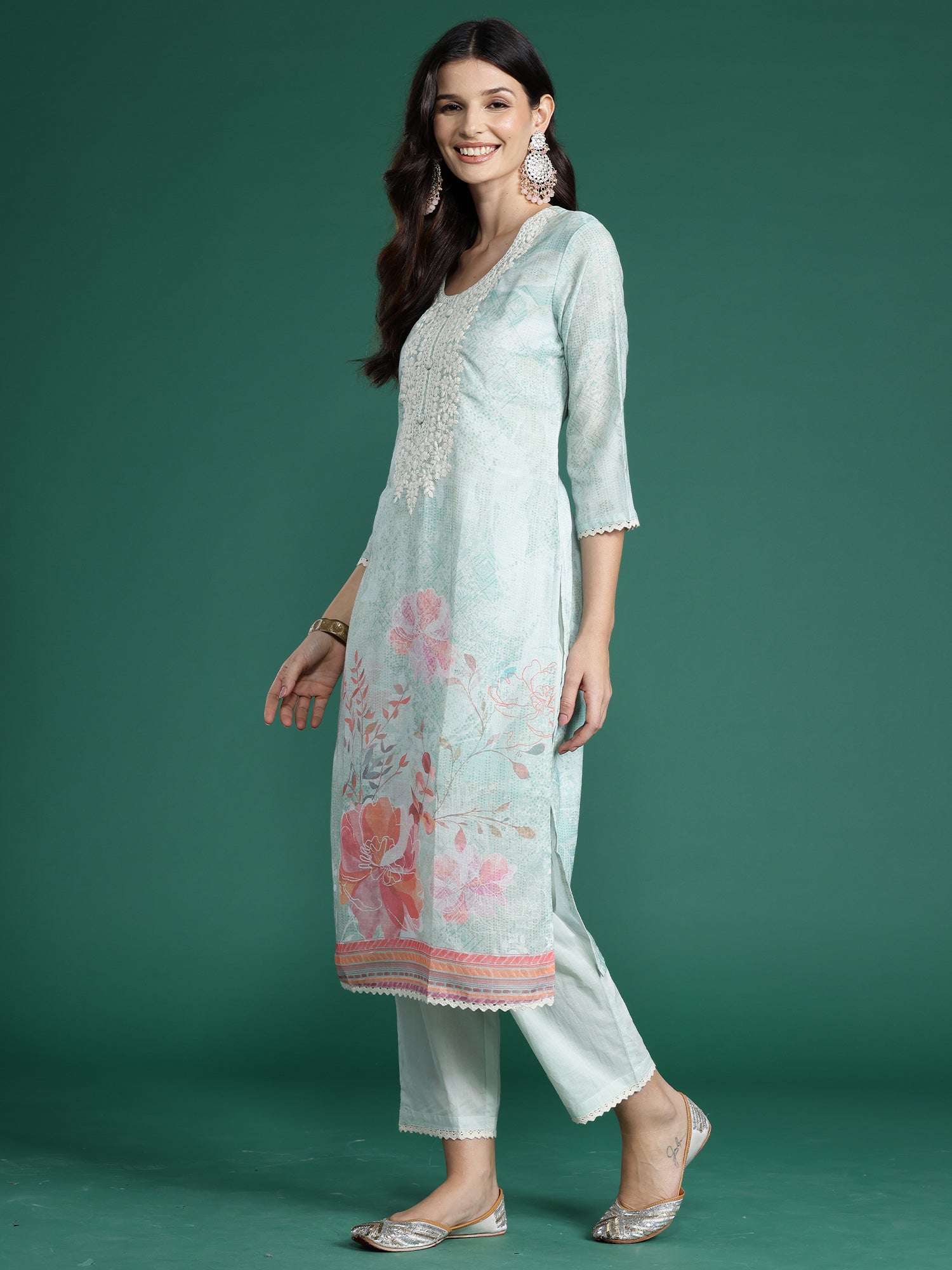 Indo Era Sea Green Printed Straight Kurta Trousers With Dupatta Set - Distacart