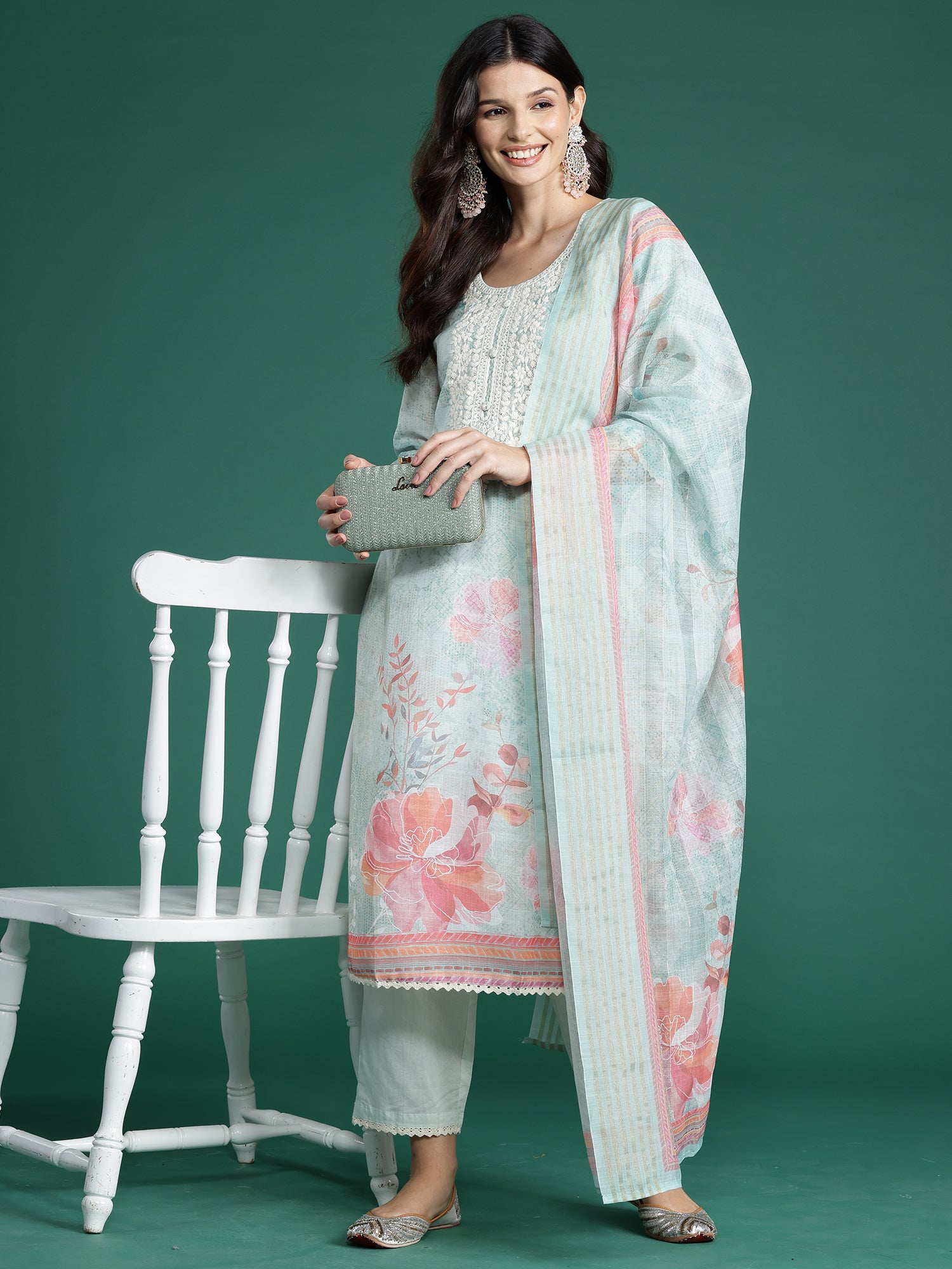 Indo Era Sea Green Printed Straight Kurta Trousers With Dupatta Set - Distacart