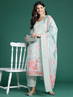 Thumbnail for Indo Era Sea Green Printed Straight Kurta Trousers With Dupatta Set - Distacart