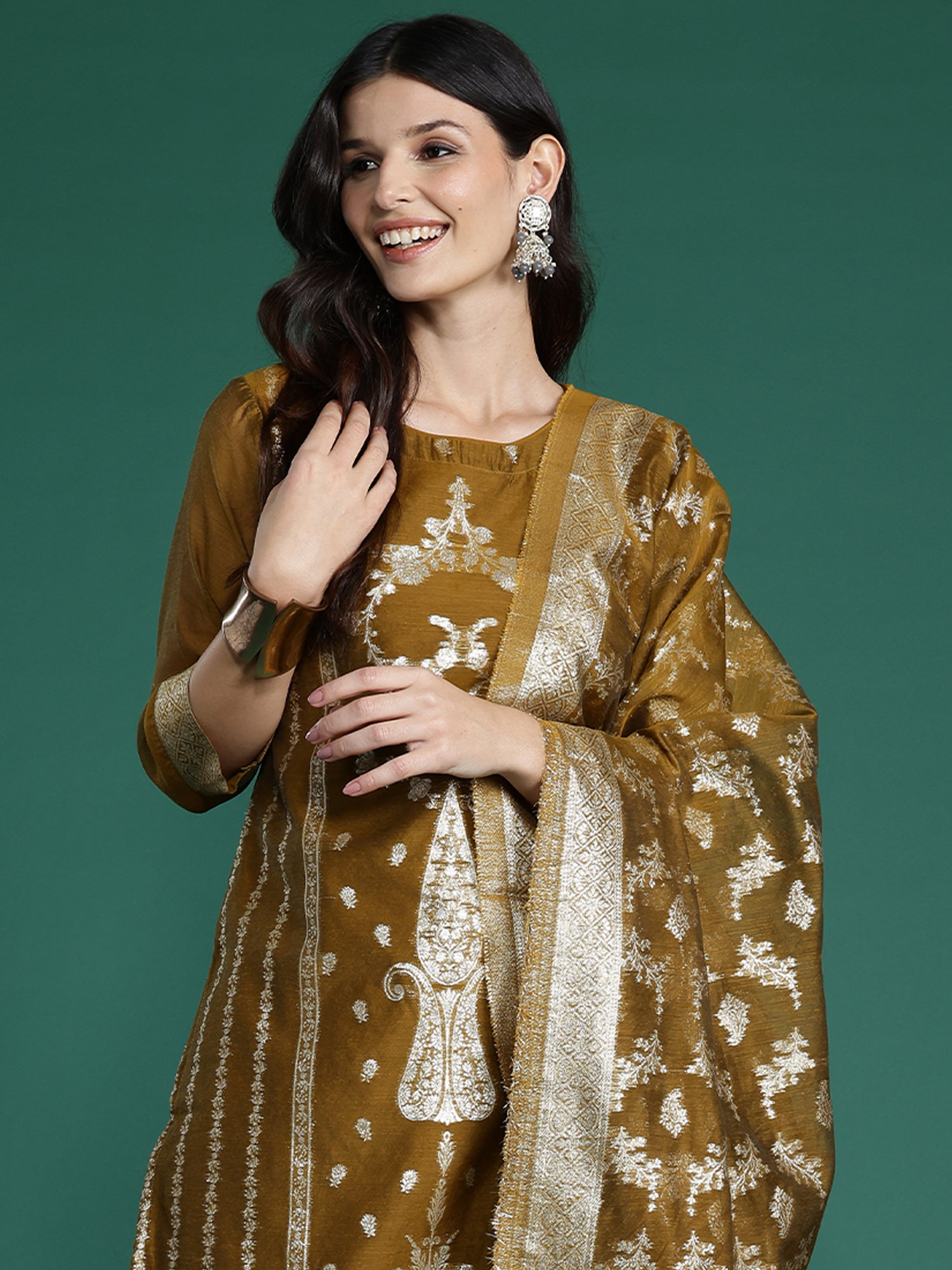 Indo Era Mustard Woven Design Straight Kurta Trousers With Dupatta Set - Distacart