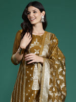 Thumbnail for Indo Era Mustard Woven Design Straight Kurta Trousers With Dupatta Set - Distacart