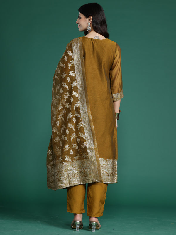 Indo Era Mustard Woven Design Straight Kurta Trousers With Dupatta Set - Distacart