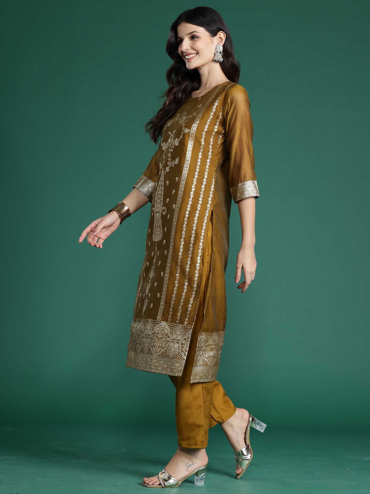 Indo Era Mustard Woven Design Straight Kurta Trousers With Dupatta Set - Distacart