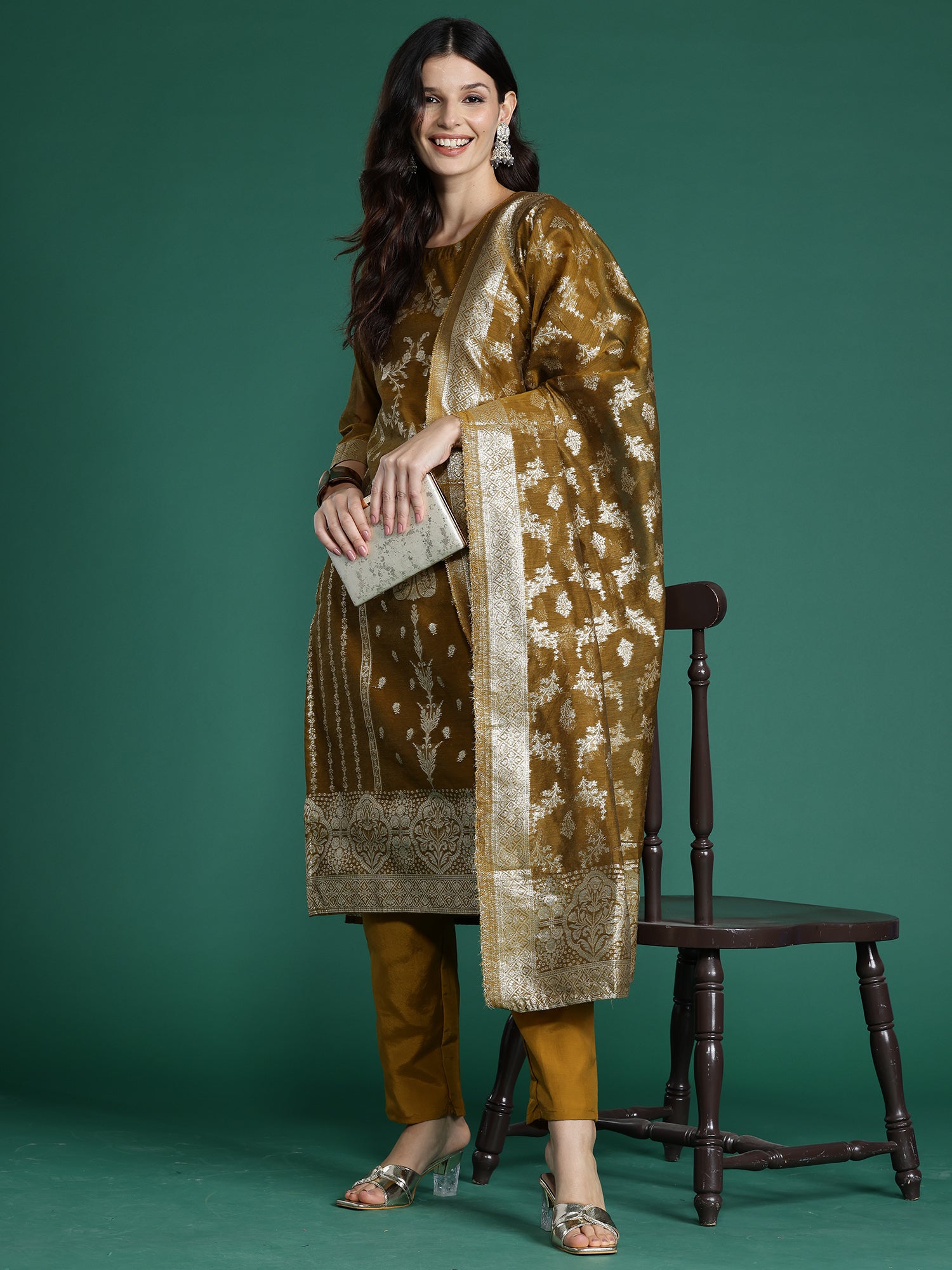 Indo Era Mustard Woven Design Straight Kurta Trousers With Dupatta Set - Distacart