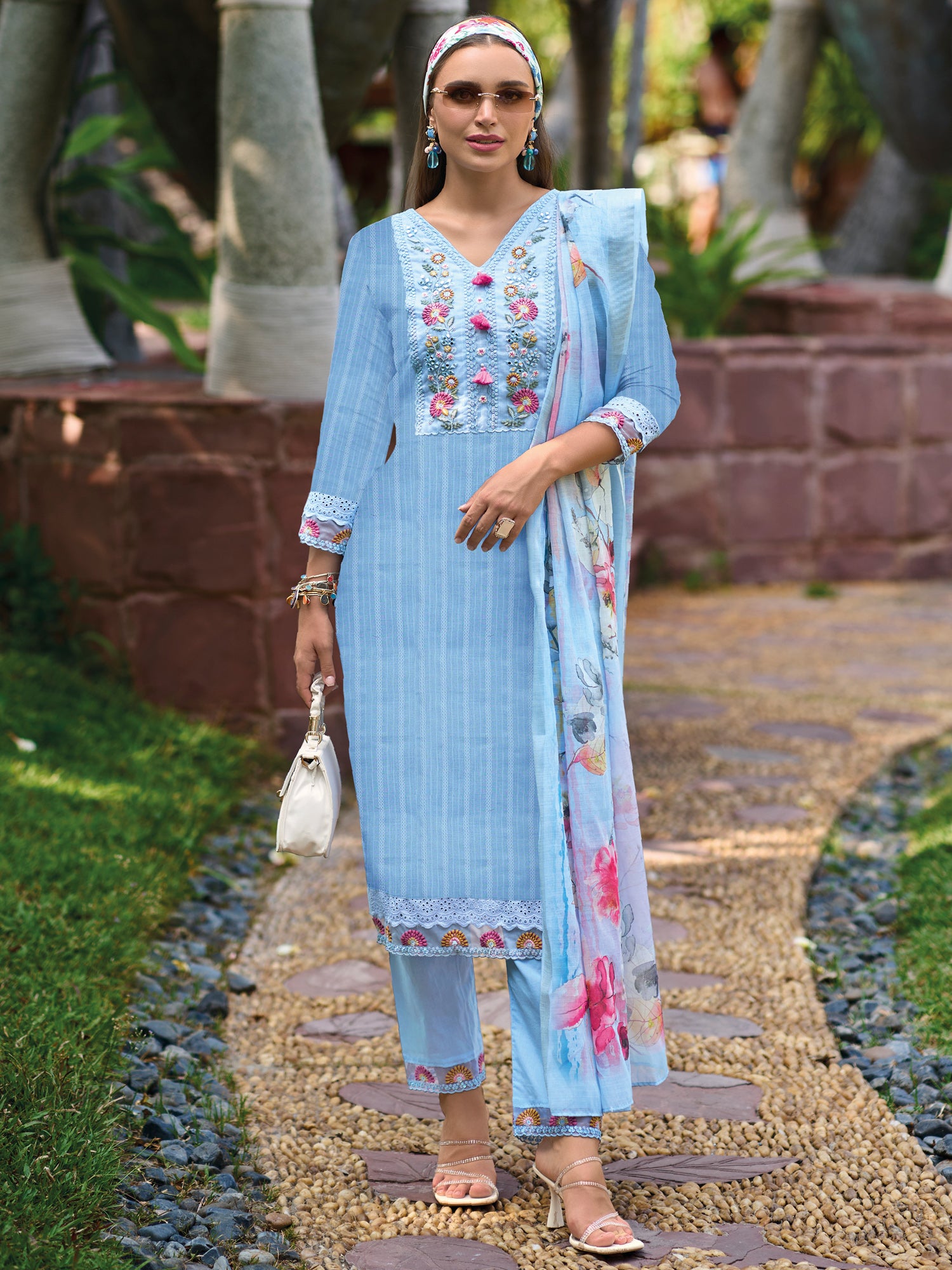 Indo Era Blue Embroidered Straight Kurta Trousers With Dupatta set - Distacart
