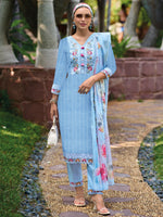 Thumbnail for Indo Era Blue Embroidered Straight Kurta Trousers With Dupatta set - Distacart