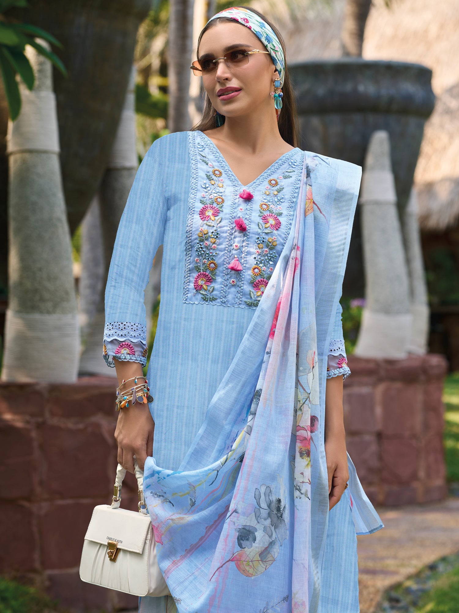 Indo Era Blue Embroidered Straight Kurta Trousers With Dupatta set - Distacart