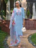 Thumbnail for Indo Era Blue Embroidered Straight Kurta Trousers With Dupatta set - Distacart