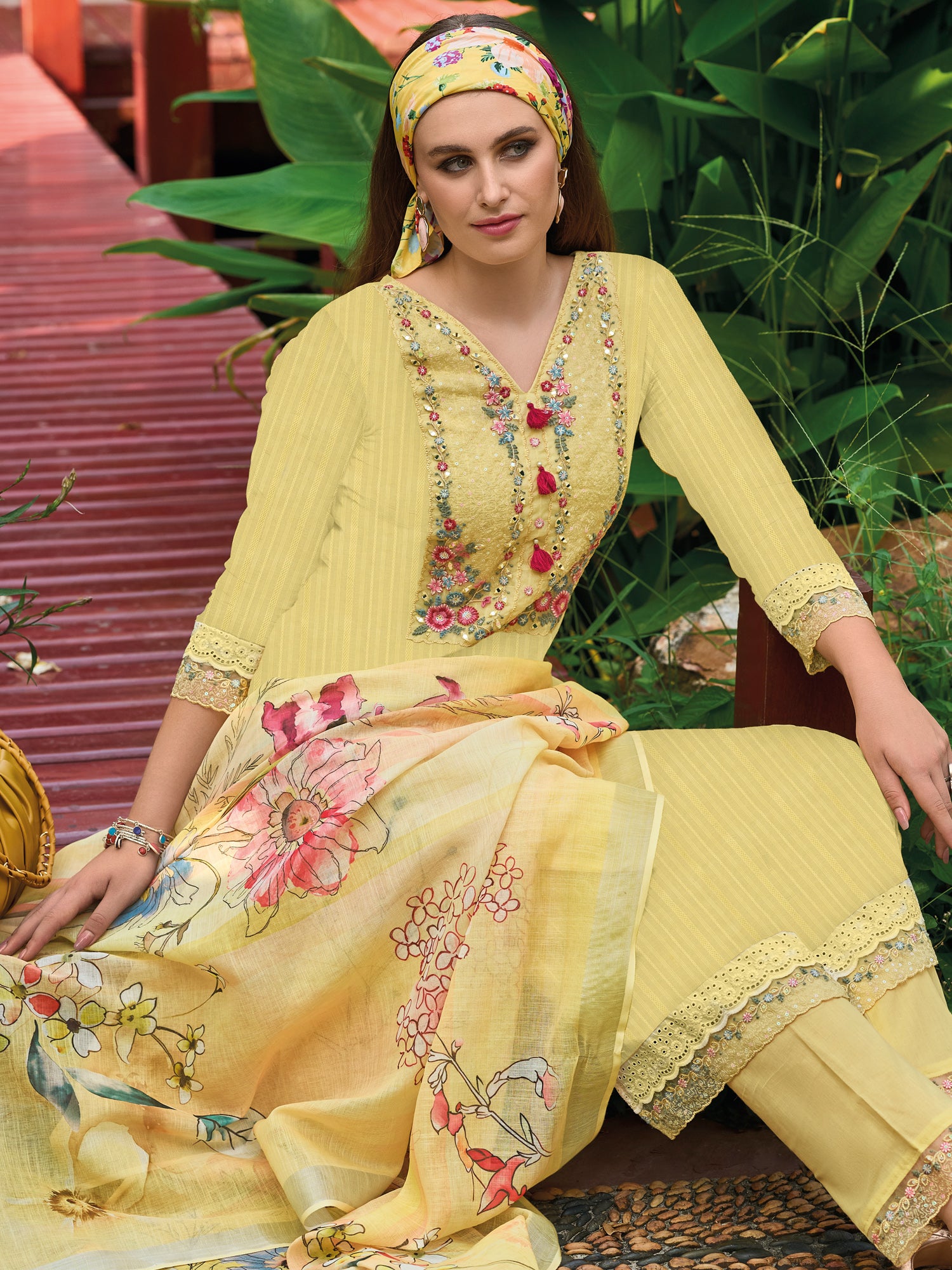 Indo Era Yellow Embroidered Straight Kurta Trousers With Dupatta set - Distacart